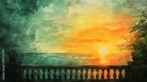 Serene Sunset Overlooking Ocean with Vintage Balustrade