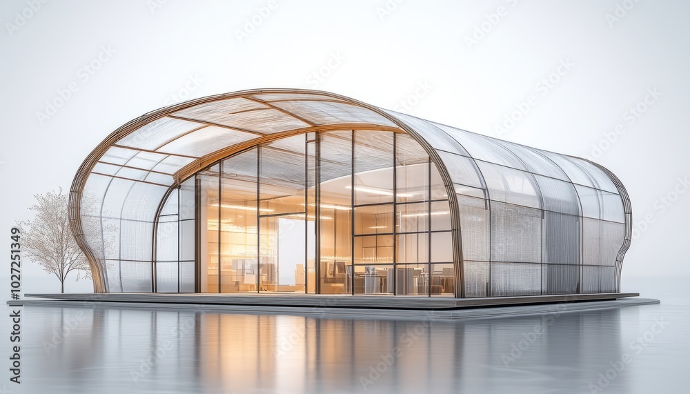 Modern glass and wood building with an arched roof and a tree in front. Modern glass and wood building with an arched roof and a tree in front.