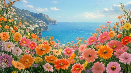 Breathtaking Coastal Landscape with Vibrant Wildflowers Under Blue Sky