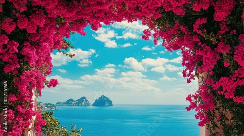 Blossoming Bougainvillea Archway with Idyllic Sea View