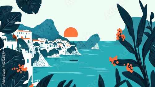 Mediterranean Coastal Town at Sunset Illustration