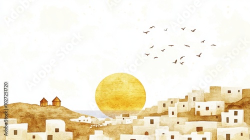 Serene Watercolor Mediterranean Village at Sunset