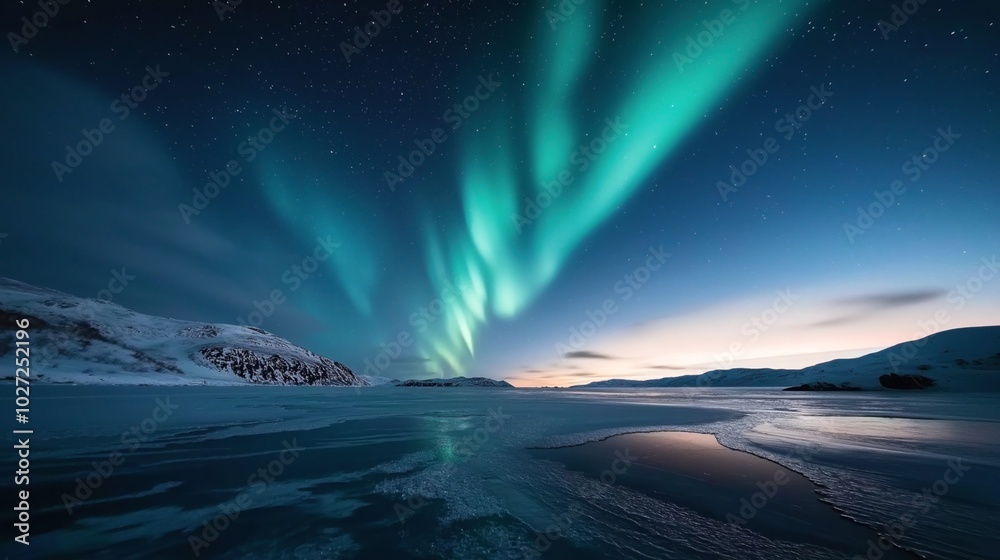 Fototapeta premium Aurora Borealis illuminating the night sky over a snow-covered arctic landscape with a partially frozen body of water reflecting the lights and surrounding mountains.