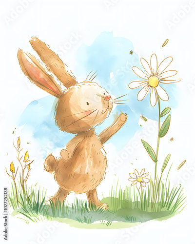 In a beautiful spring meadow, a sweet bunny joyfully extends towards a daisy amid colorful wildflowers and grass in the sunshine, creating a charming and animated nature scene