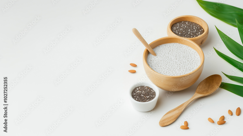 Chia seed pudding in wooden bowl with chia seeds and almonds on white background. fresh and healthy ingredients create calming and inviting atmosphere. Chia seed pudding in wooden bowl with chia seeds and almonds on white background. fresh and healthy ingredients create calming and inviting atmosphere.