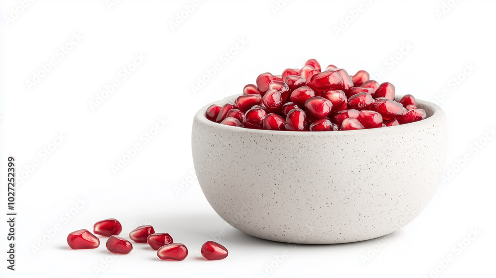 Fresh pomegranate seeds in white bowl create vibrant and healthy display. rich red color of seeds adds pop of freshness, perfect for culinary use. Fresh pomegranate seeds in white bowl create vibrant and healthy display. rich red color of seeds adds pop of freshness, perfect for culinary use.