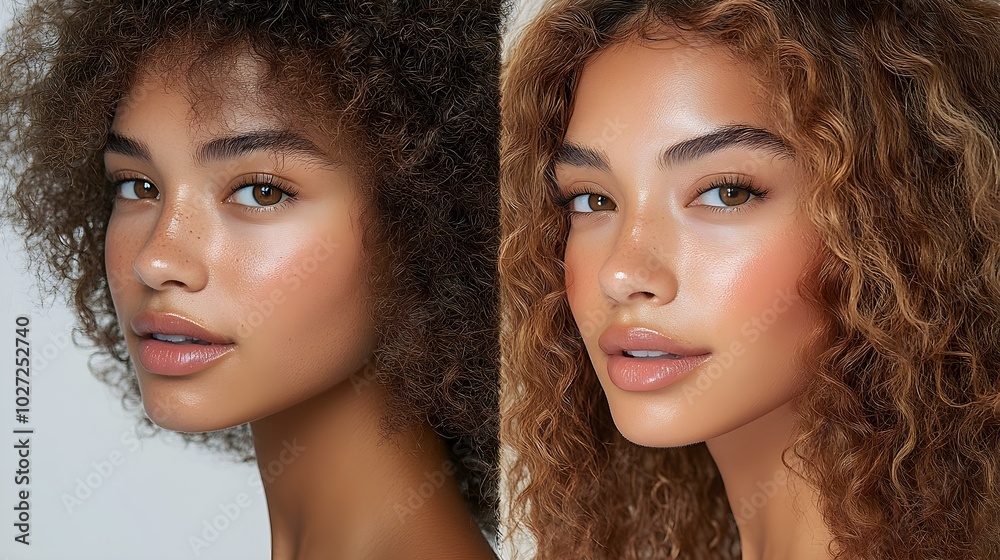 Gallery of curly hair treated with honey, showing before-and-after transformation, with focus on frizz reduction and curl enhancement, Hyper-Realistic, Soft Light Gallery of curly hair treated with honey, showing before-and-after transformation, with focus on frizz reduction and curl enhancement, Hyper-Realistic, Soft Light