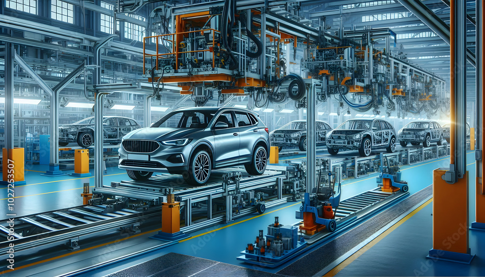 depicts a modern manufacturing line in a factory, featuring a silver SUV being assembled using machinery, robots, metal beams, and conveyors. depicts a modern manufacturing line in a factory, featuring a silver SUV being assembled using machinery, robots, metal beams, and conveyors.