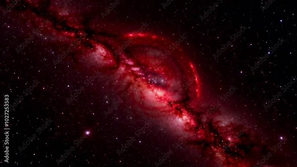 A vibrant blue and red galaxy panorama depicting an artistic 3D cosmic space background.