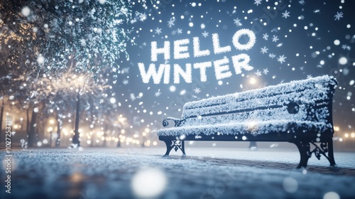 Hello Winter - Snow-Covered Park Bench with Gleaming Lights