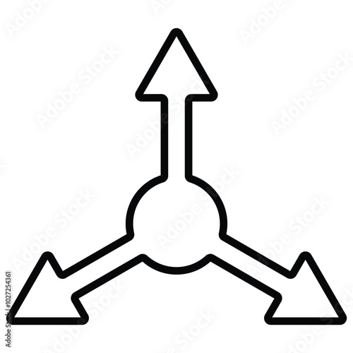 3-way arrow on white background, three side arrow. vector illustration of bifurcation road vector icon on white background.  The branching arrow icon in three directions.  vector illustration.
