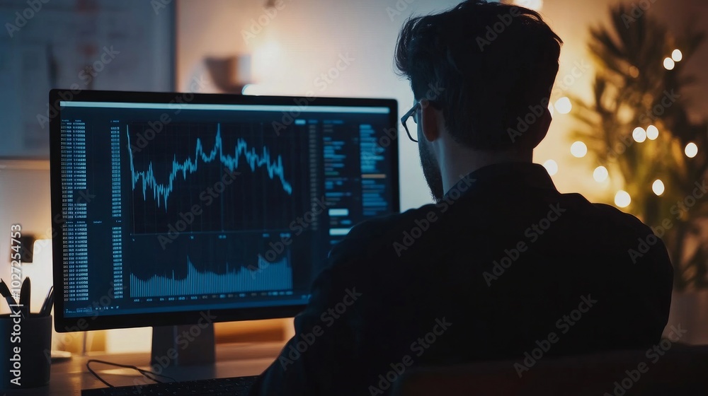 A close-up back shot of a businessman studying financial diagrams and graphs on a computer and smartphone. A male CEO or staff member examines financial data on a laptop and smartphone. banking idea A close-up back shot of a businessman studying financial diagrams and graphs on a computer and smartphone. A male CEO or staff member examines financial data on a laptop and smartphone. banking idea