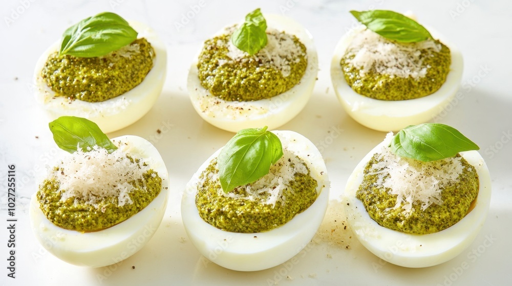 Gourmet Pesto Deviled Eggs with Fresh Basil and Shaved Parmesan Gourmet Pesto Deviled Eggs with Fresh Basil and Shaved Parmesan