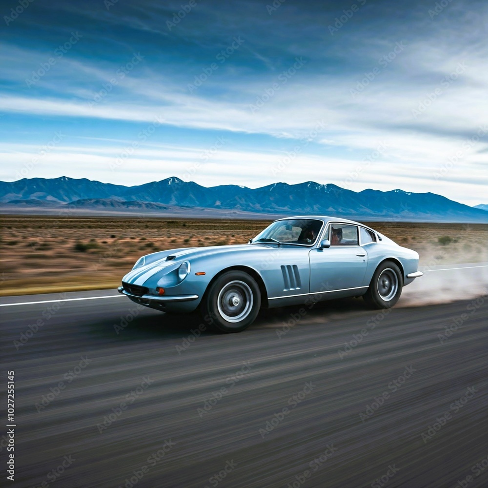 Naklejka premium An antique vintage car drives on a highway in the desert, blurring the scenery.