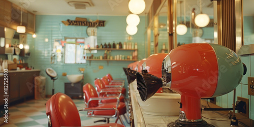 An old-school beauty parlor scene with vintage hair dryers, soft lighting, and traditional makeup techniques photo