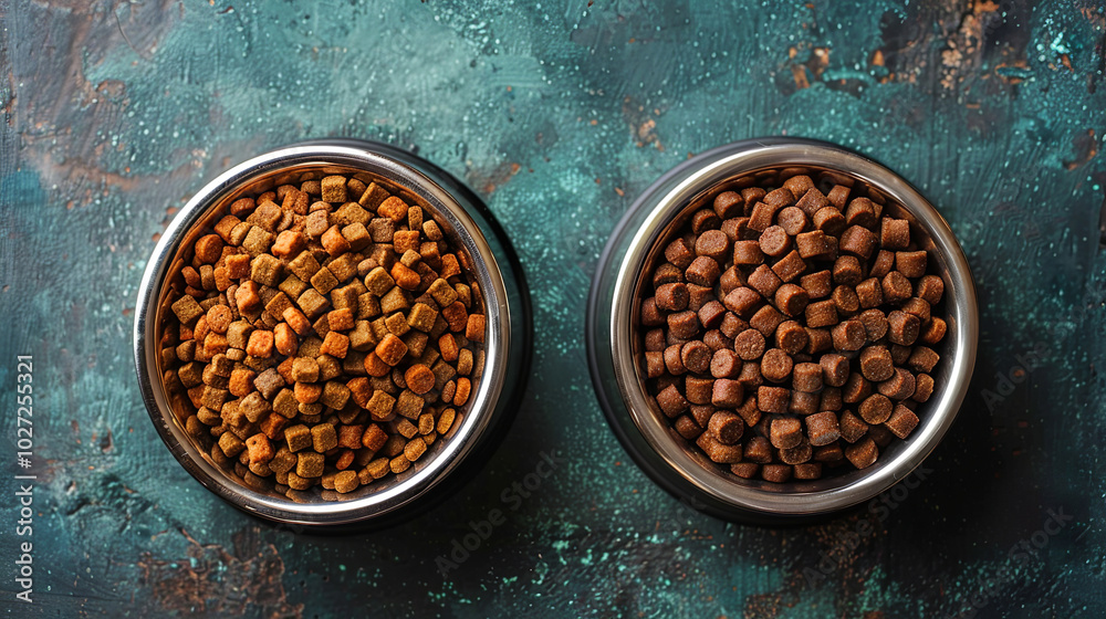 bowls full of dry dog food sitting on a wooden surface bowls full of dry dog food sitting on a wooden surface