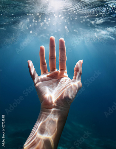 Hand Submerged in Water with Dancing Light Patterns