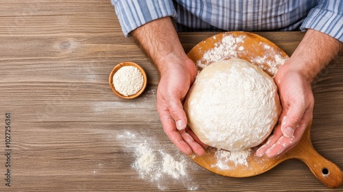 Hands holding fresh dough ball on wooden board with flour, rustic kitchen setting. photo