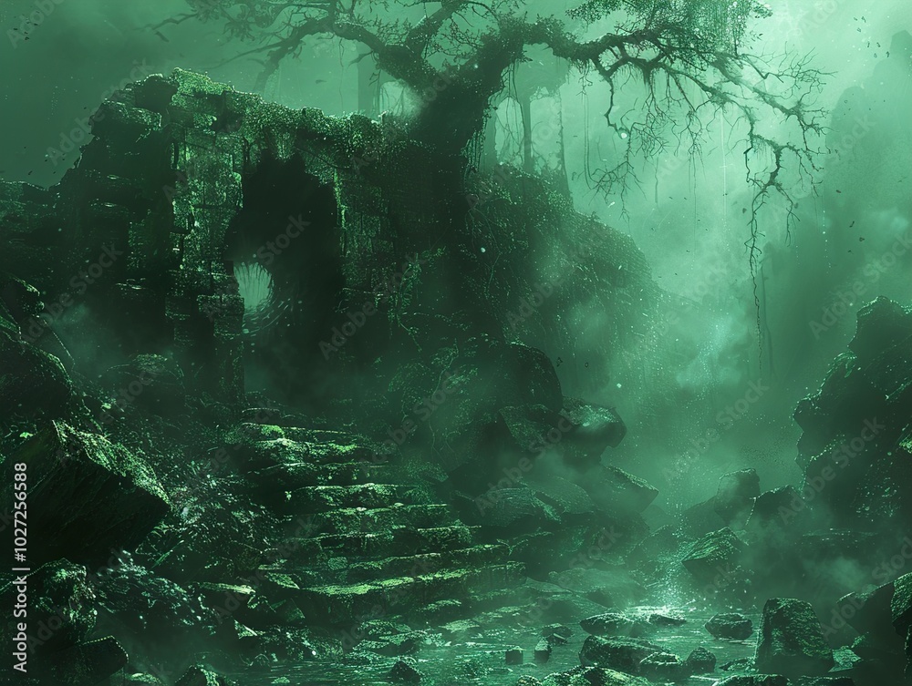 Lost Ruins in a Foggy Jungle - An Eerie and Enchanting Landscape Lost Ruins in a Foggy Jungle - An Eerie and Enchanting Landscape