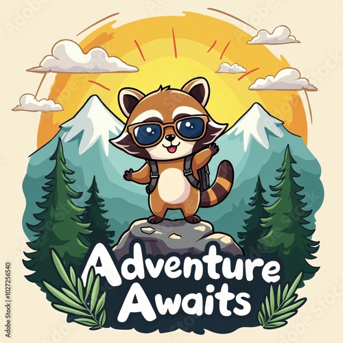 Kawaii Raccoon Hiking Adventure Awaits T-Shirt Design photo