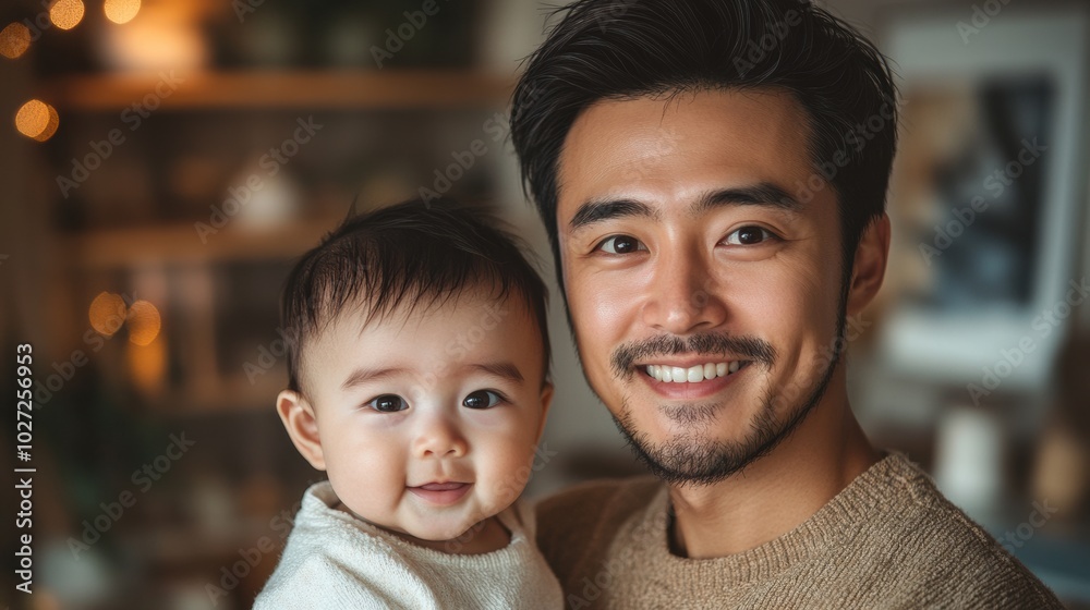 Father and smiling baby boy in warm home interior, family bond, parent-child relationship, fatherhood joy, baby’s first steps, happy moments, young father Father and smiling baby boy in warm home interior, family bond, parent-child relationship, fatherhood joy, baby’s first steps, happy moments, young father
