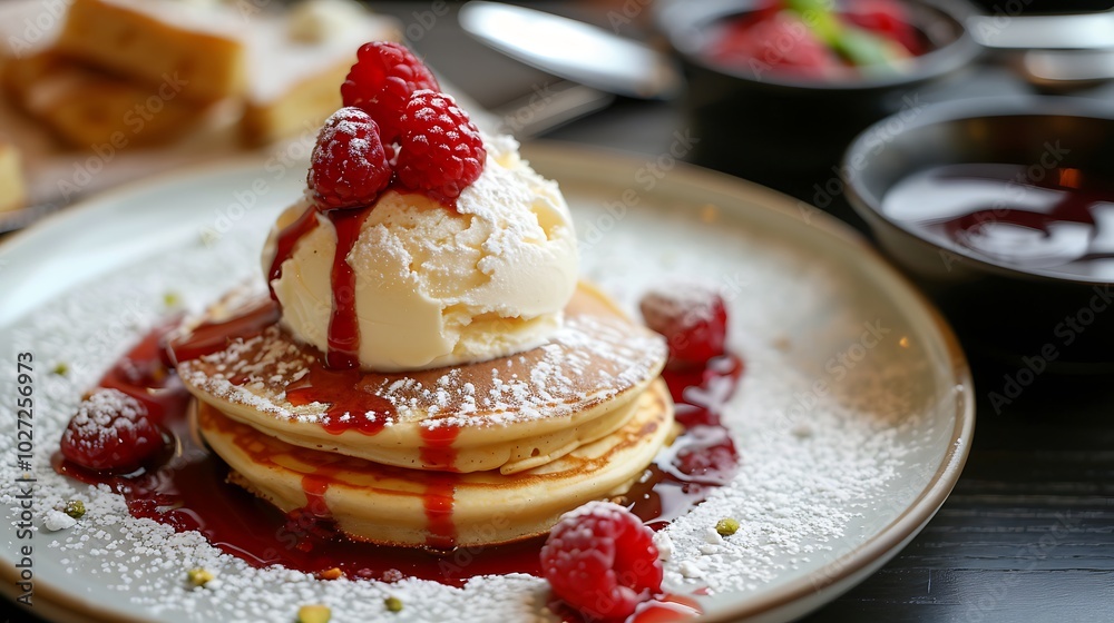 pancakes with vanilla ice cream pistachio cream and raspberry jam served at the restaurant pancakes with vanilla ice cream pistachio cream and raspberry jam served at the restaurant
