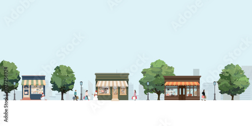 Minimalist cityscape winter season have people holding a lot of shopping bags walking from retail store graphic illustration.