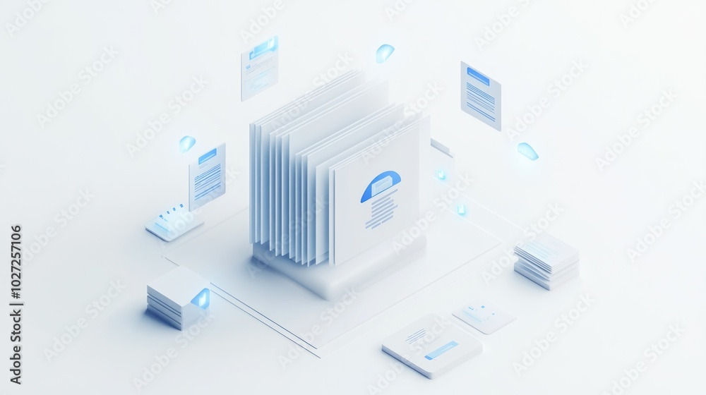 Stacked Documents with Blue Glowing Highlights on White Background Stacked Documents with Blue Glowing Highlights on White Background