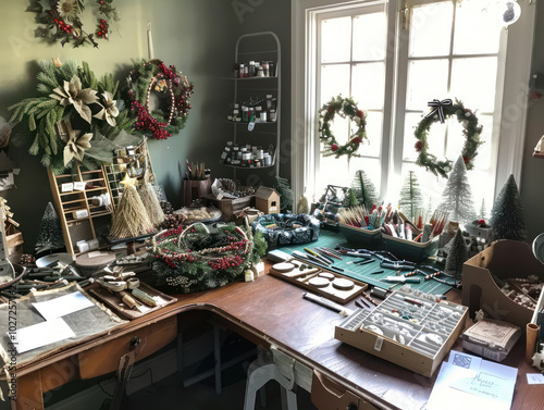 A beautifully organized craft table with supplies for making Christmas wreaths, ornaments, and holiday cards, ready for a DIY workshop photo