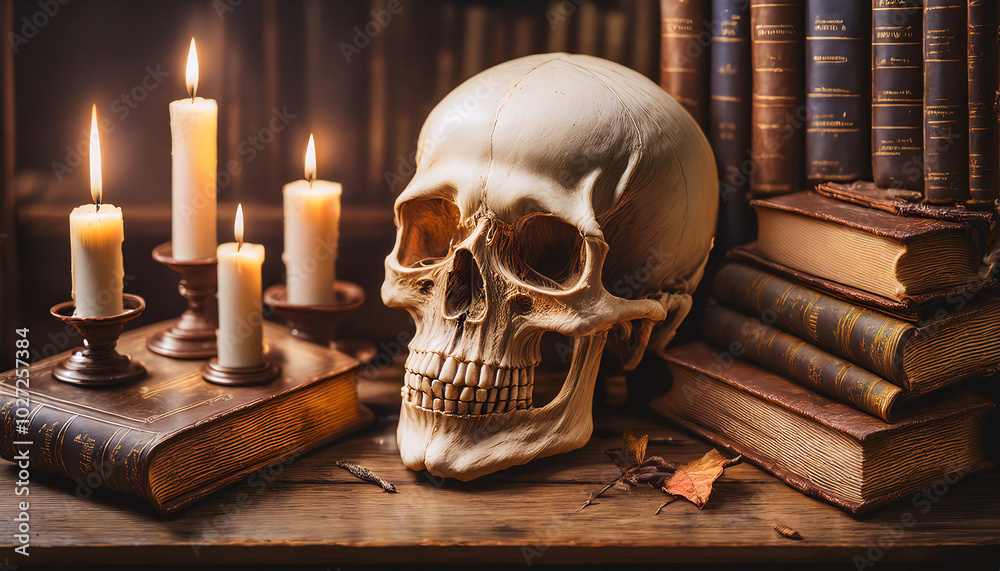 Skull Surrounded by Antique Books and Candles Skull Surrounded by Antique Books and Candles