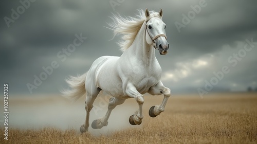 Powerful white horse running freely in an open field under grey stormy sky, wind blowing through mane, majestic and strong, dynamic motion in nature, beauty of wilderness