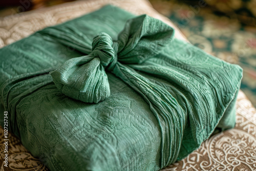 A beautifully wrapped green Christmas gift using biodegradable materials and adorned with a reusable cloth bow photo