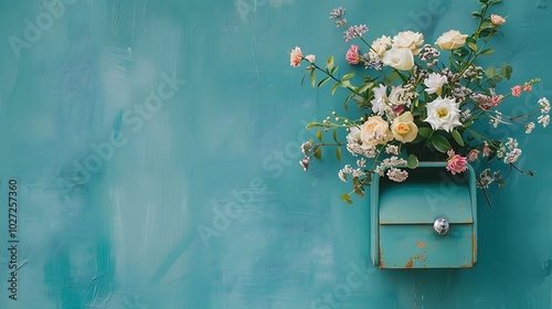 Fototapeta Naklejka Na Ścianę i Meble -  Pastel teal mailbox with bouquet of flowers