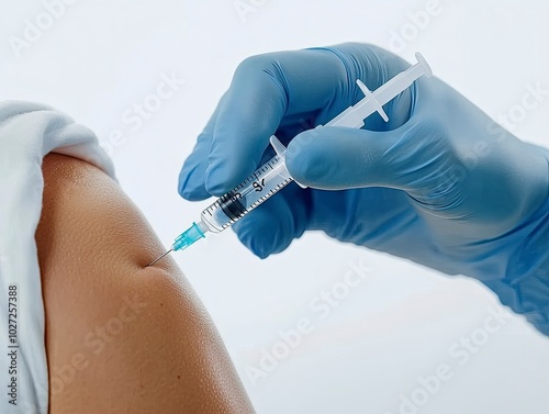 Doctor Wearing Blue Gloves Holding Syringe Performing Sclerotherapy to Eliminate Varicose and Spider Veins, Injecting Medicine into Veins for Medical Treatment photo