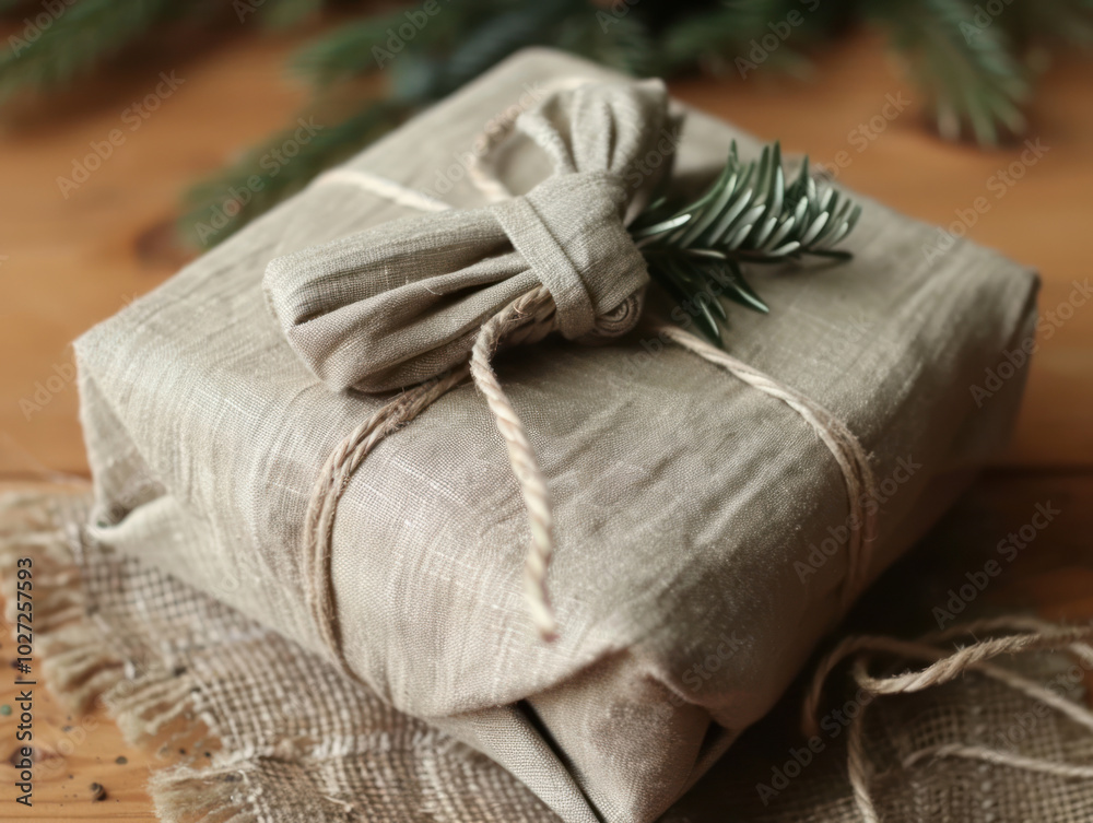 A beautifully wrapped sustainable Christmas gift using eco-friendly materials like kraft paper, reusable fabric, and natural twine A beautifully wrapped sustainable Christmas gift using eco-friendly materials like kraft paper, reusable fabric, and natural twine