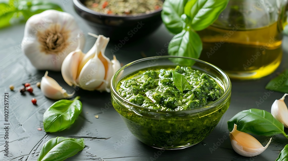 Pesto sauce with basil garlic and olive oil
