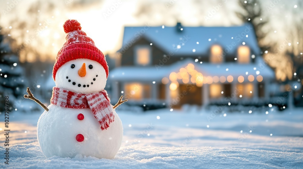 Fototapeta premium Snowman in winter clothes on modern private house background