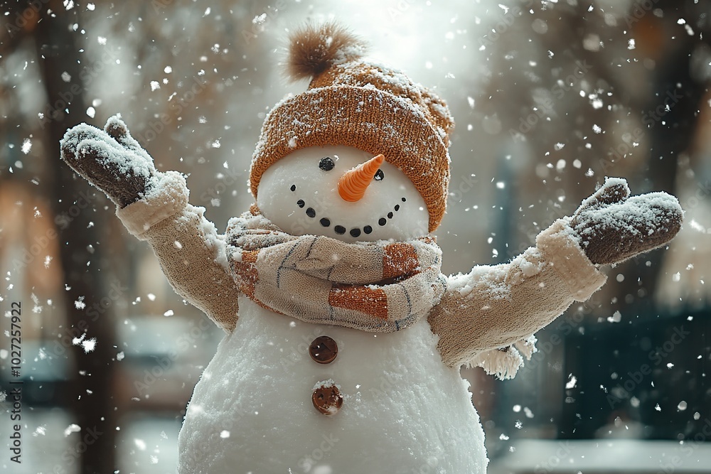 Fototapeta premium Snowman in winter clothes on park background
