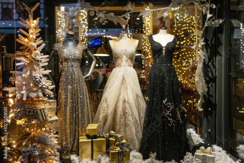 A boutique window display showcasing elegant New Year fashion, with sparkling dresses and accessories for the perfect celebration photo