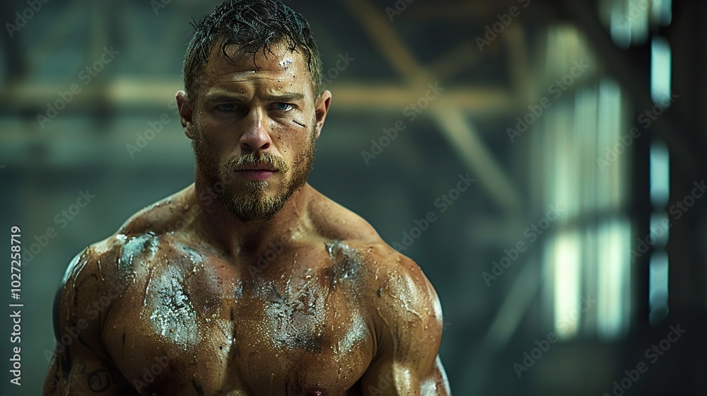 Muscular Man Portrait: Intense Gaze and Determined Expression