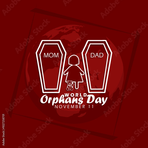 World Orphans Day celebrates on November 11th. Illustration of an orphaned girl with her doll in the middle of her parents' coffins on maroon background.