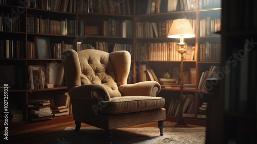 A Comfortable Armchair in a Cozy Library with a Lamp