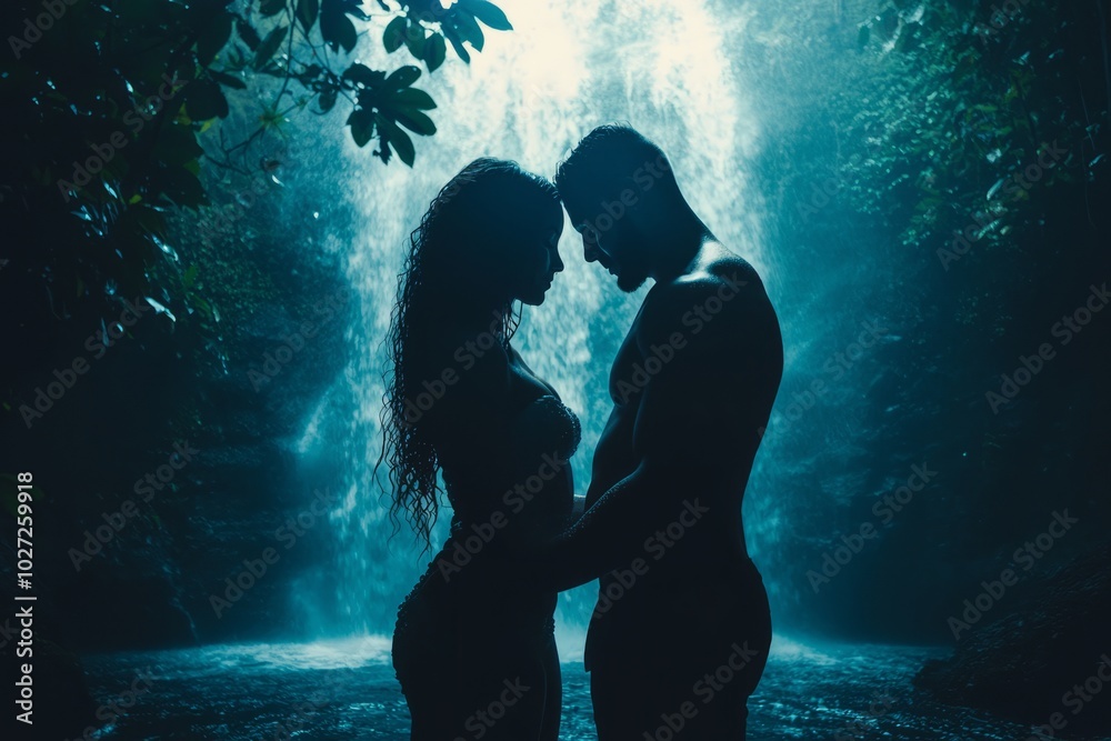 Silhouetted couple in love by a waterfall. Silhouetted couple in love by a waterfall.