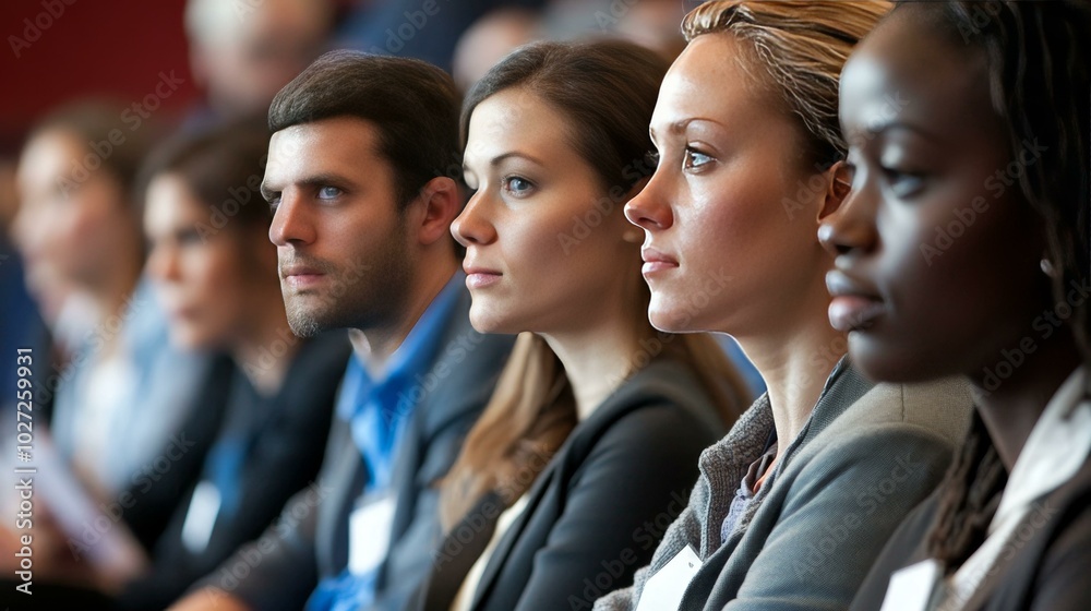 Engaged Audience Captivated by Insightful Discussion at Professional Event Engaged Audience Captivated by Insightful Discussion at Professional Event