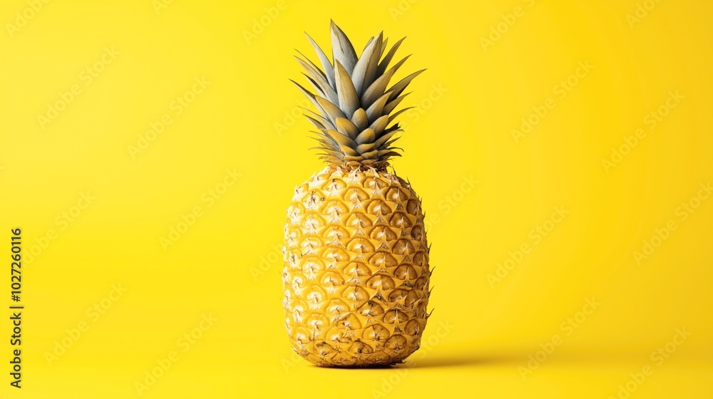 A single pineapple standing upright against a bright yellow background. The vibrant yellow color emphasizes the fruit's textured skin and spiky green leaves. The composition is simple and bold. A single pineapple standing upright against a bright yellow background. The vibrant yellow color emphasizes the fruit's textured skin and spiky green leaves. The composition is simple and bold.