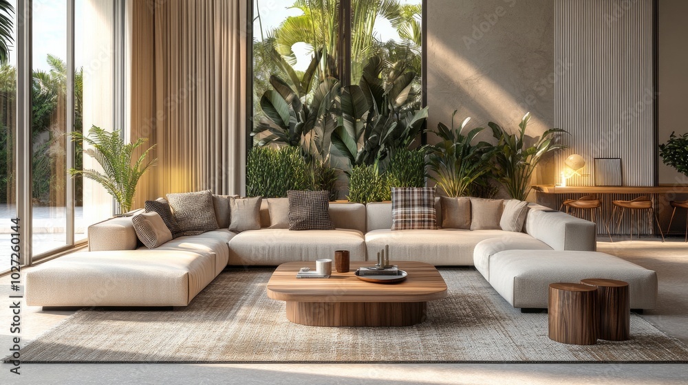 custom made wallpaper toronto digitalContemporary open-concept living area featuring a modular sofa, furnishings, wooden coffee tables, plaid, cushions, tropical plants, and sophisticated personal items in chic home décor. living room.