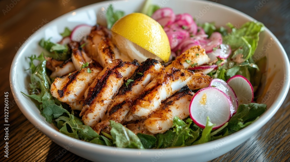Grilled Fish Salad with Fresh Vegetables and Lemon Grilled Fish Salad with Fresh Vegetables and Lemon