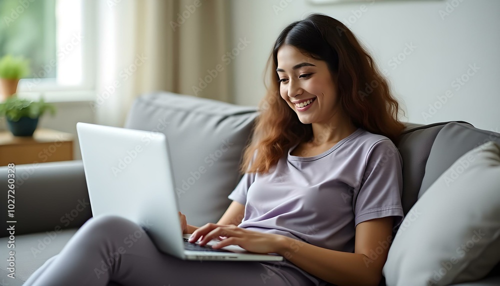 Content Woman in Loungewear Working on Couch with Laptop Content Woman in Loungewear Working on Couch with Laptop
