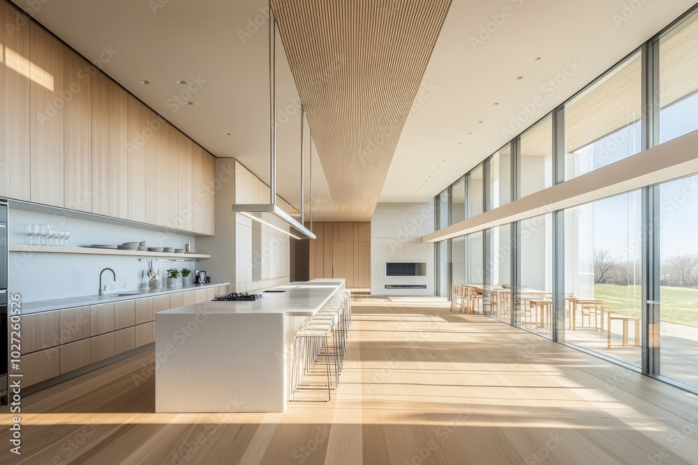 Fototapeta premium Modern kitchen with large windows and wooden floors