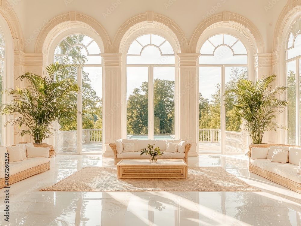 Sun-drenched living room with large arched windows. Sun-drenched living room with large arched windows.